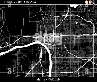 Mappa semplice di Tulsa, Oklahoma, Stati Uniti d'America. Versione in bianco e nero per pulire gli sfondi e le stampe. Questa mappa di Tulsa contiene tre marcatori che vengono raggruppati Illustrazione Vettoriale