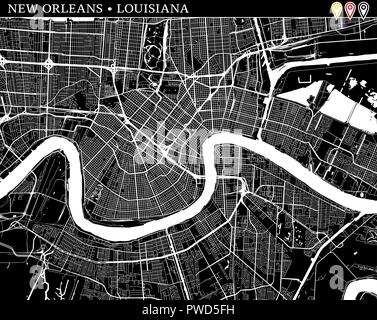 Mappa semplice di New Orleans, in Louisiana, Stati Uniti d'America. Versione in bianco e nero per pulire gli sfondi e le stampe. Questa mappa di New Orleans contiene tre marcatori wh Illustrazione Vettoriale