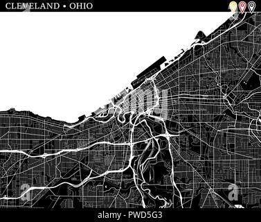 Mappa semplice di Cleveland, Ohio, USA. Versione in bianco e nero per pulire gli sfondi e le stampe. Questa mappa di Cleveland contiene tre marcatori che sono gro Illustrazione Vettoriale