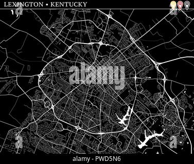 Mappa semplice di Lexington, Kentucky, Stati Uniti d'America. Versione in bianco e nero per pulire gli sfondi e le stampe. Questa mappa di Lexington contiene tre marcatori chi sono Illustrazione Vettoriale