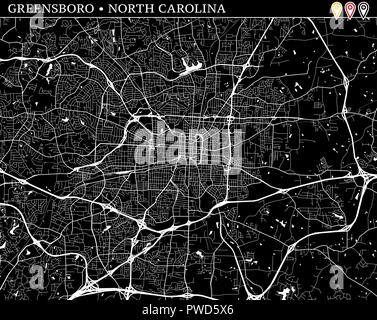 Mappa semplice di Greensboro, Nord Carolina, Stati Uniti d'America. Versione in bianco e nero per pulire gli sfondi e le stampe. Questa mappa di Greensboro contiene tre marcatori Illustrazione Vettoriale