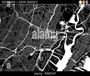 Mappa semplice di Newark, New Jersey, USA. Versione in bianco e nero per pulire gli sfondi e le stampe. Questa mappa di Newark contiene tre marcatori che sono gro Illustrazione Vettoriale