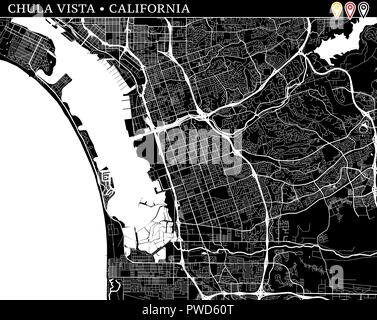 Mappa semplice di Chula Vista, California, Stati Uniti d'America. Versione in bianco e nero per pulire gli sfondi e le stampe. Questa mappa di Chula Vista contiene tre marcatori w Illustrazione Vettoriale