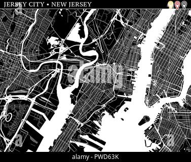 Mappa semplice della Città di Jersey, New Jersey, USA. Versione in bianco e nero per pulire gli sfondi e le stampe. Questa mappa della città di Jersey contiene tre marcatori w Illustrazione Vettoriale