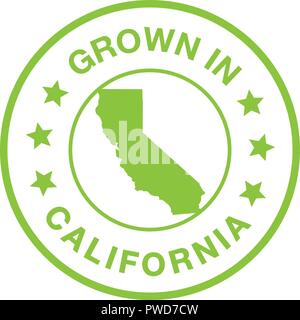 Cresciuto in California guarnizione. Timbro di colore verde con contorno della California che mostra che il prodotto è coltivato in California. Isolato vettore verde sul retro bianco. Illustrazione Vettoriale