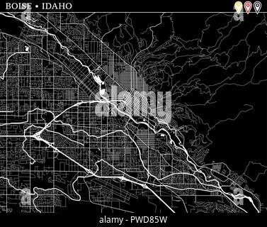 Mappa semplice di Boise, Idaho, Stati Uniti d'America. Versione in bianco e nero per pulire gli sfondi e le stampe. Questa mappa di Boise contiene tre marcatori che vengono raggruppati in un Illustrazione Vettoriale