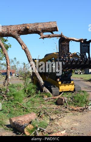 Il personale Sgt. Alex Spano, elettrici artigiano dal 202nd REDHORSE di Camp Blanding, Fla. utilizza una minipala per cancellare un albero caduto bloccando una strada residenziale Lynn Haven, Fla. ott. 13, 2018, 13 ottobre 2018. Uragano Michael lasciato pesanti danni in tutta la città di Panama area e la 202nd è stato invitato per la loro competenza nel percorso di compensazione. (U.S. Air National Guard photo by Staff Sgt. Carlynne DeVine). () Foto Stock