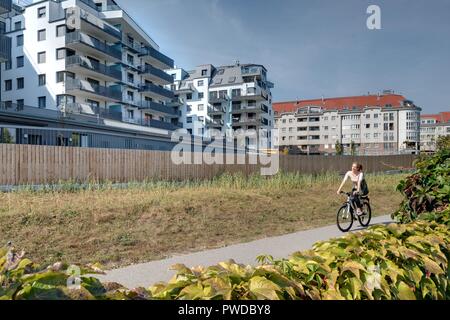 Wien, Eine Radfahrerin vor der modernen Wohnhausanlage Schiffmühlenstraße 120 - Vienna, casa appartamento moderno Foto Stock
