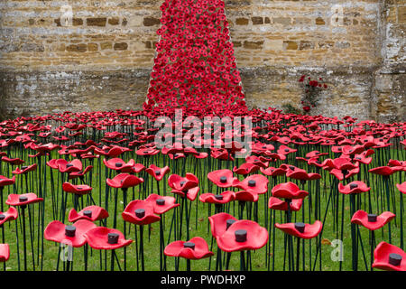 Piange la finestra di visualizzazione dei fatti a mano papaveri in ceramica per il centenario di WW1, la chiesa di San Pietro e San Paolo, Northampton, Regno Unito Foto Stock