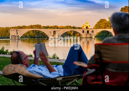 La Francia. Vaucluse (84). Avignon. I turisti sulle rive del Rodano, in background Pont Saint-Bénézet, comunemente chiamato Pont d'Avignon Foto Stock