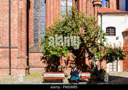 Donna seduta su una panchina presso la chiesa di San Francesco di Assisi (Bernardino) Chiesa cattolica romana di Vilnius, Lituania Foto Stock