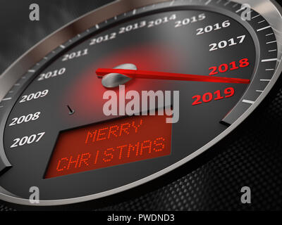 Il tachimetro indica 2019 e l'iscrizione sullo schermo: Buon Natale. 3D render Foto Stock