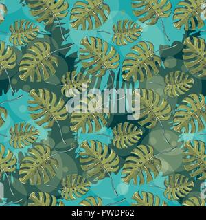 Vector seamless pattern con foglie di monstera su un blot inchiostro Illustrazione Vettoriale