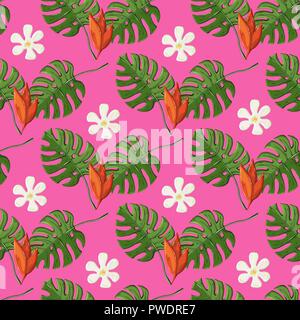 Modello di tropicale con foglie di monstera e fiori su una rosa Illustrazione Vettoriale