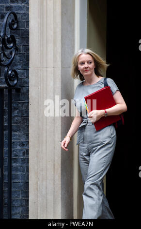 Liz Truss MP, Primo Segretario al tesoro, lasciando dopo una lunga riunione del gabinetto di discus Brexit, Downing Street 16 Ottobre 2018 Foto Stock