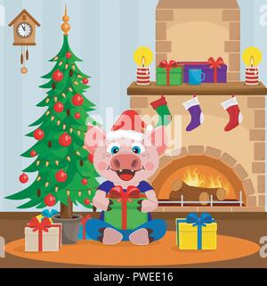 Seduta di maiale sotto l'albero con un regalo. Natale e Anno Nuovo holiday, illustrazione vettoriale. Simbolo del 2019. Illustrazione Vettoriale