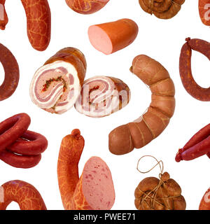 Modello senza giunture. La deliziosa e appetitosa affumicato e bollito le salsicce fatte di carni naturale. Foto Stock