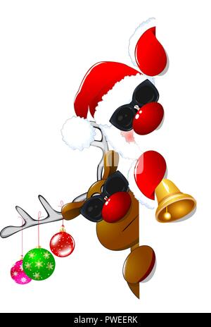 Babbo Natale e un cervo su uno sfondo bianco. Cartoni animati Babbo Natale e una renna in occhiali da sole. Illustrazione Vettoriale