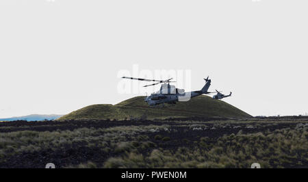 Un UH-1Y Venom elicottero e AH-1Z Viper attacco elicottero assegnato alle Marine Attacco leggero elicottero Squadron 367 sollevare per condurre un live-formazione antincendio esercitare all'Pohakuloa Area Formazione, Ottobre 14, 2018. Lo squadrone assegnato UH-1Y Venom elicotteri e AH-1Z Viper elicotteri da attacco a partecipare al fuoco Supporto Formazione esercizio in parte di esercizio Bougainville II. (U.S. Marine Corps foto di Sgt. Gesù Sepulveda Torres) Foto Stock