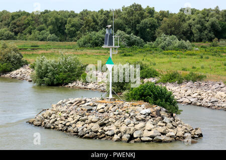 Navigazione sul Danubio, segno di spedizione su un eyot presso la riva del fiume, la marcatura del fairway, paesaggio vicino Crisan al ramo di Sulina, Romania, Tulcea contea, Dobrudja, il Delta del Danubio, Riserva della Biosfera del Delta del Danubio, sul delta del fiume, estuario del fiume Danubio in bocca al Mar Nero, Sito Patrimonio Mondiale dell'UNESCO, monumento naturale Foto Stock