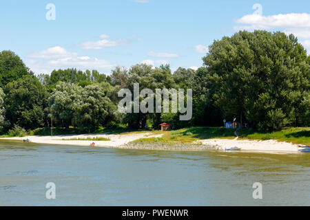 Ungheria, Kandafok sul Danubio tra Mohacs e Dunaszekcsoe, oltre Danubio, Dél-Dunántúl, Contea di Baranya, Danube-Drava National Park, Danubio paesaggio, paesaggio fluviale, dalle rive del Danubio, riverwalk, boschi, il Danubio, spiaggia sabbiosa, Strand, gente seduta sul lungomare, bagnanti, tenda, camping Foto Stock