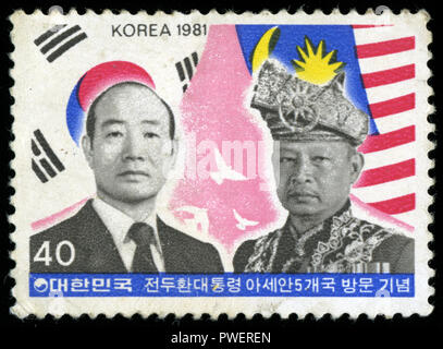 Con timbro postale timbro dalla Corea del Sud con la visita del Presidente per i paesi ASEAN serie rilasciato in 1981 Foto Stock
