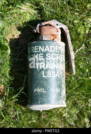 Scartato utilizzato nella schermata di fumo hand grenade contenitore canister close up, zona di addestramento militare, Salisbury Plain, Wiltshire, Inghilterra, Regno Unito Foto Stock