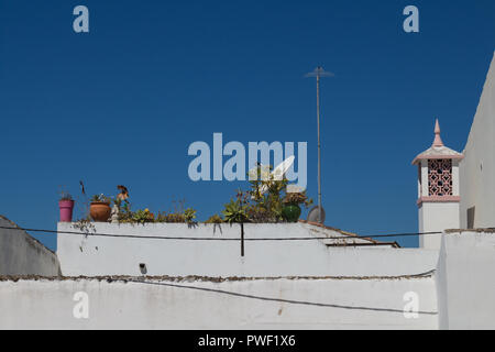 Lato di un topo con facciata bianca e una terrazza sul tetto dove sono vasi con piante, satellite e antenne tradizionali. Tipico camino portoghese. Brigh Foto Stock