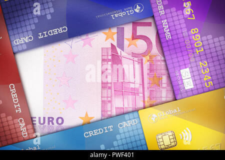 Carte di credito ben disposto a copertura di una bolletta di denaro che simboleggiano i concetti finanziari. Foto Stock