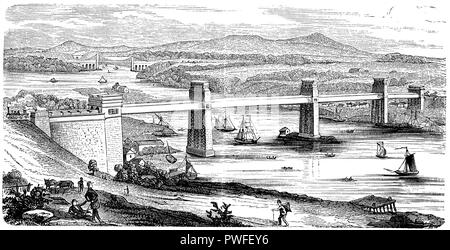 Britannia bridge over Menaistraat a Bangor in Inghilterra, Foto Stock