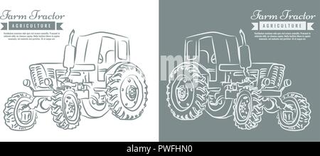 Trattore agricolo con stile sketch line art design. Disegnata a mano illustrazione vettoriale. Illustrazione Vettoriale