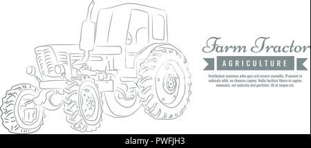 Trattore agricolo con stile sketch line art design. Disegnata a mano illustrazione vettoriale. Illustrazione Vettoriale