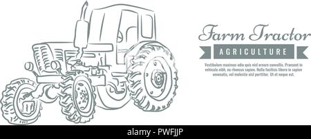 Trattore agricolo con stile sketch line art design. Disegnata a mano illustrazione vettoriale. Illustrazione Vettoriale