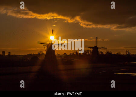 Calda e vibrante alba sul patrimonio mondiale Unesco mulino a vento a Leidschendam, Kinderdijk, Paesi Bassi Foto Stock