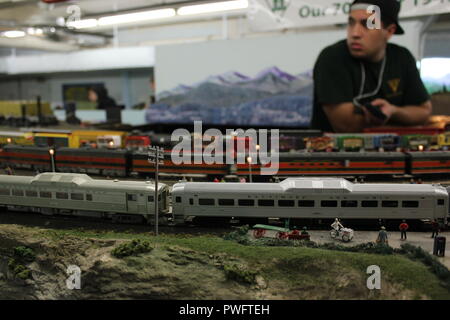 Davvero fantastico modello railroading design con un treno hobbista che si affaccia la marcia dei treni in The Clarendon Garfield field house a Chicago, Illinois. Foto Stock