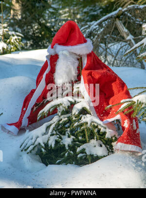 Il Santa Claus costume con barbe si blocca su abete rosso in inverno foresta. Un piccolo albero in una foresta innevata è coperto di Santa Claus vestiti. Cristo Foto Stock