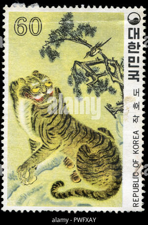 Con timbro postale timbro dalla Corea del Sud nella pittura Folk (I) serie rilasciato in 1980 Foto Stock