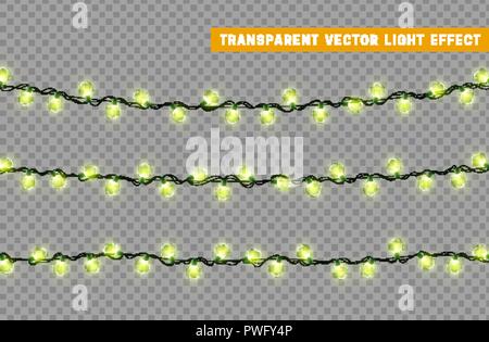 Ghirlande di colore verde vettore isolato, le decorazioni di Natale gli effetti delle luci. Luci incandescenti per vacanze di Natale. Illustrazione Vettoriale