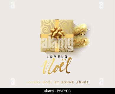 Testo francese Joyeux Noel. Illustrazione Vettoriale letttering Merry Christmas, gift box chiuso avvolto con nastro di prua. Xmas greeting card, banner, poster. Illustrazione Vettoriale