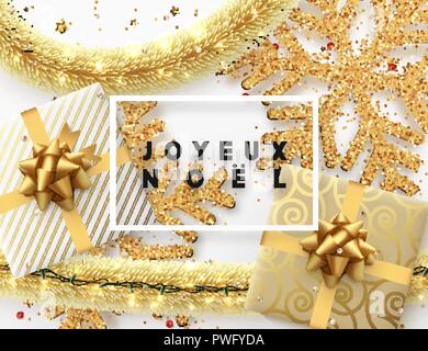 Testo francese Joyeux Noel. Sfondo di natale. Design illustrazione golden decorazioni luminose, splendente brilla di fiocchi di neve, confezione regalo, oro tinsel e ghirlanda luminosa. Xmas card vector Illustrazione Vettoriale