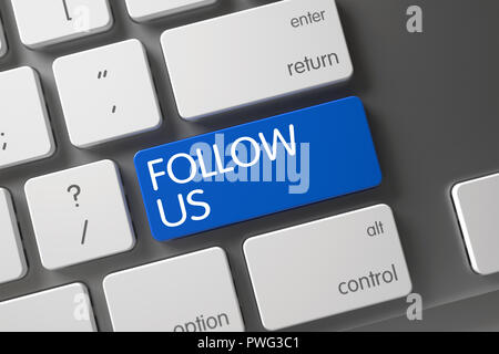 Seguici su tasto blu del laptop. 3D. Foto Stock