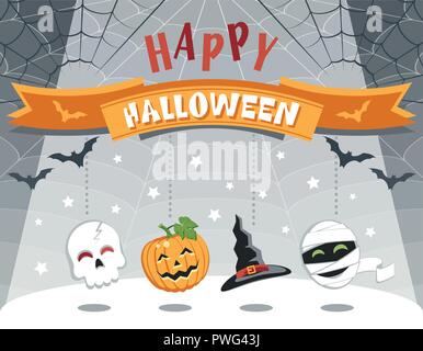 Happy Halloween. Colorato biglietto di auguri con divertenti personaggi dei cartoni animati. Design piatto. Illustrazione Vettoriale. Illustrazione Vettoriale