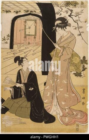 Giovani Samurai e gli assistenti femminili praticare il tiro con l'Arco la metà di un dittico - Utagawa Toyokuni I - 2. Foto Stock
