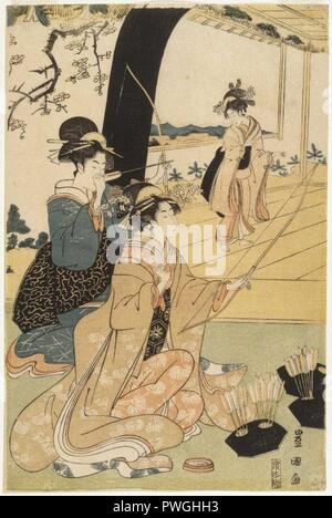 Giovani Samurai e gli assistenti femminili praticare il tiro con l'Arco la metà di un dittico - Utagawa Toyokuni I. Foto Stock