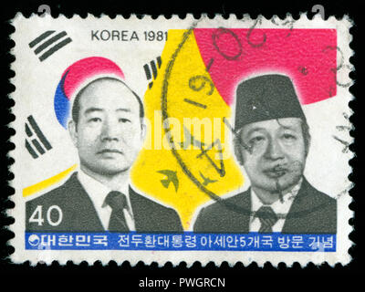 Con timbro postale timbro dalla Corea del Sud con la visita del Presidente per i paesi ASEAN serie rilasciato in 1981 Foto Stock