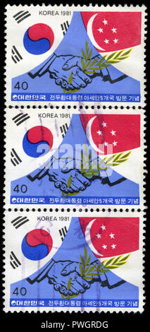 Con timbro postale francobolli dalla Corea del Sud con la visita del Presidente per i paesi ASEAN serie rilasciato in 1981 Foto Stock