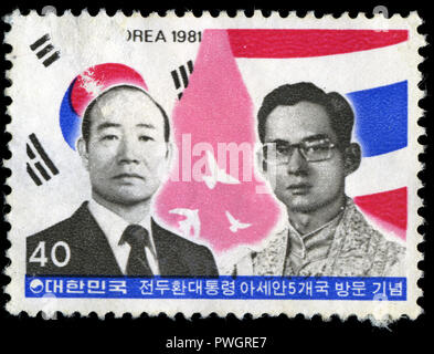 Con timbro postale timbro dalla Corea del Sud con la visita del Presidente per i paesi ASEAN serie rilasciato in 1981 Foto Stock