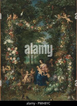 Jan Bruegel il vecchio e Pieter van Avont - Heilige Familie in einem Blumen- und Früchtekranz. Foto Stock