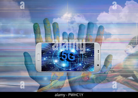 5G di rete più veloce delle illustrazioni da foto e testo, la velocità come tema. Foto Stock