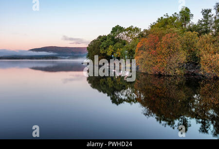 La nebbia e Colore di autunno a Milarrochy Bay sul Loch Lomond Foto Stock